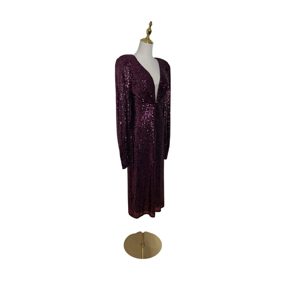 Mac Duggal 26866 Magenta Sequin Long Sleeve Plunge Midi Dress Size‎ 6 $398 - Picture 3 of 6